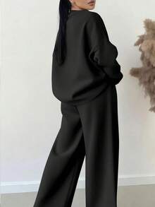 EMERY ROSE 2pcs/Set Women Plus Size Casual Solid Color Top & Pants Set - Multicolor - View 2