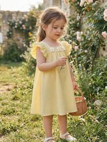 Elladie kids 女童蓝白条纹方领荷叶袖碎花宽松A字连衣裙，适合休闲、海滩、度假等场合，夏季穿着。 - 黃色 - 查看 8