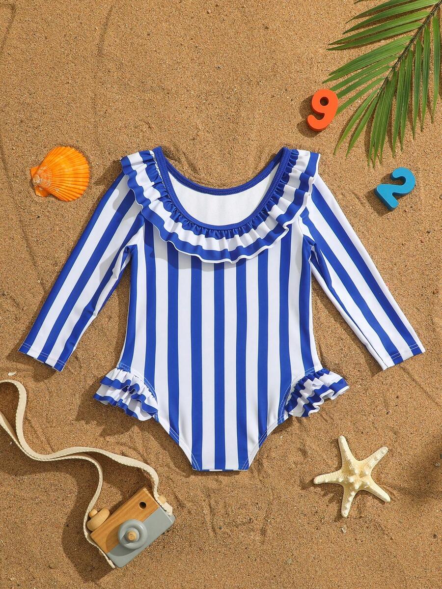 SHEIN Baby Girls' One-Piece Swimsuit With Bowknot Print,Long Sleeve Blue Rash Guard Bathing Suits,Beach Wear For Summer Holiday - Multicolor - View 1