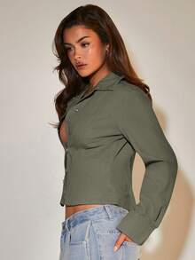 COSMINA 女士休闲前扣牛仔衬衫，修身腰部，长袖牛仔上衣，适合日常穿着和通勤，优雅牛仔上衣，秋冬牛仔上衣，春季牛仔上衣，休闲牛仔，灰色牛仔上衣，日常街头风格，秋季风格。 - 軍綠色 - 查看 5