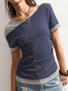 Bohemela Lässiges zweifarbiges gestricktes gestreiftes Patchwork-T-Shirt mit unregelmäßigem Ausschnitt, Fake-Zweiteiler-Kurzarm-T-Shirt, Sommeroutfits für Frauen, Urlaubsoutfits für Frauen, Frühlingsoutfits für Frauen, Sommertops, lässige Outfits für Frauen - marineblau - Übersicht 4