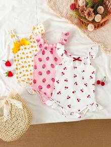 SHEIN 3pcs Baby Girls' Cute & Fruit And Sunflower Pattern Knitted Bodysuit, Suitable For Vacation And Casual Daily Wear, Summer - Multicolor - View 1