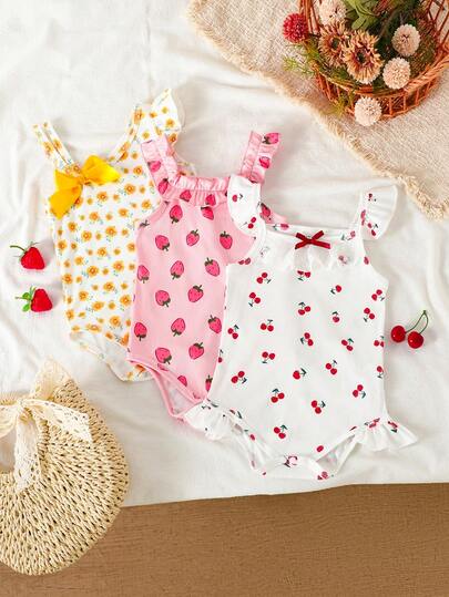 SHEIN 3 piezas Bodys para bebé niña con diseños lindos de frutas y girasoles, aptos para vacaciones y uso diario casual, verano