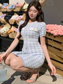 DAZY 女士千鸟格图案圆领修身短袖毛衣连衣裙 - 淺藍色 - 查看 5