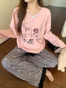 DAZY 2件套卡通印花蕾丝拼接V领宽松长袖T恤和格子裤女士睡衣套装 - 粉色 - 查看 4