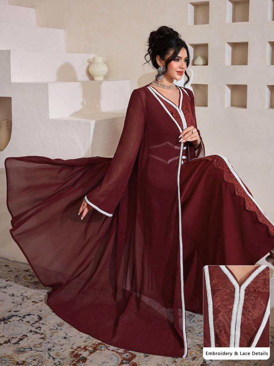 Al Najma Set de 2 piezas de cárdigan con cintura ajustada, decoración de encaje y ribete de contraste para mujer, moda, primavera/otoño