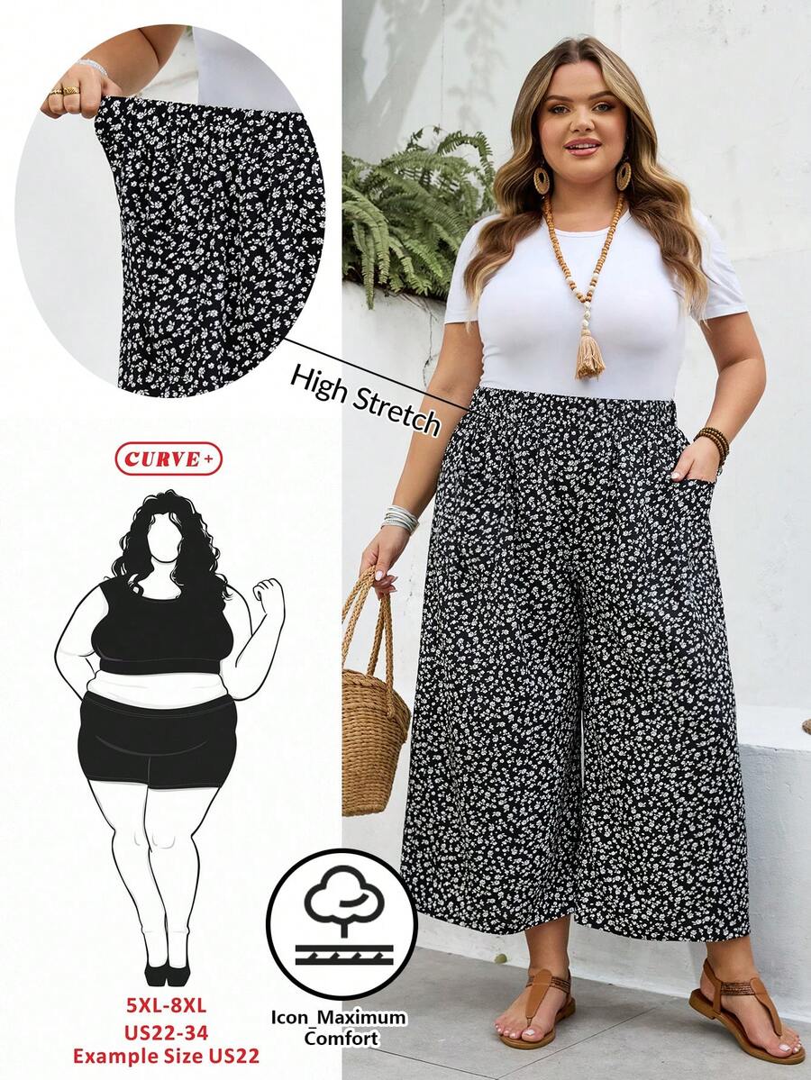 SHEIN CURVE+ 大码曲线尺码 US22 音乐节、海滨度假、波西米亚碎花阔腿休闲裤 - 黑與白 - 查看 1