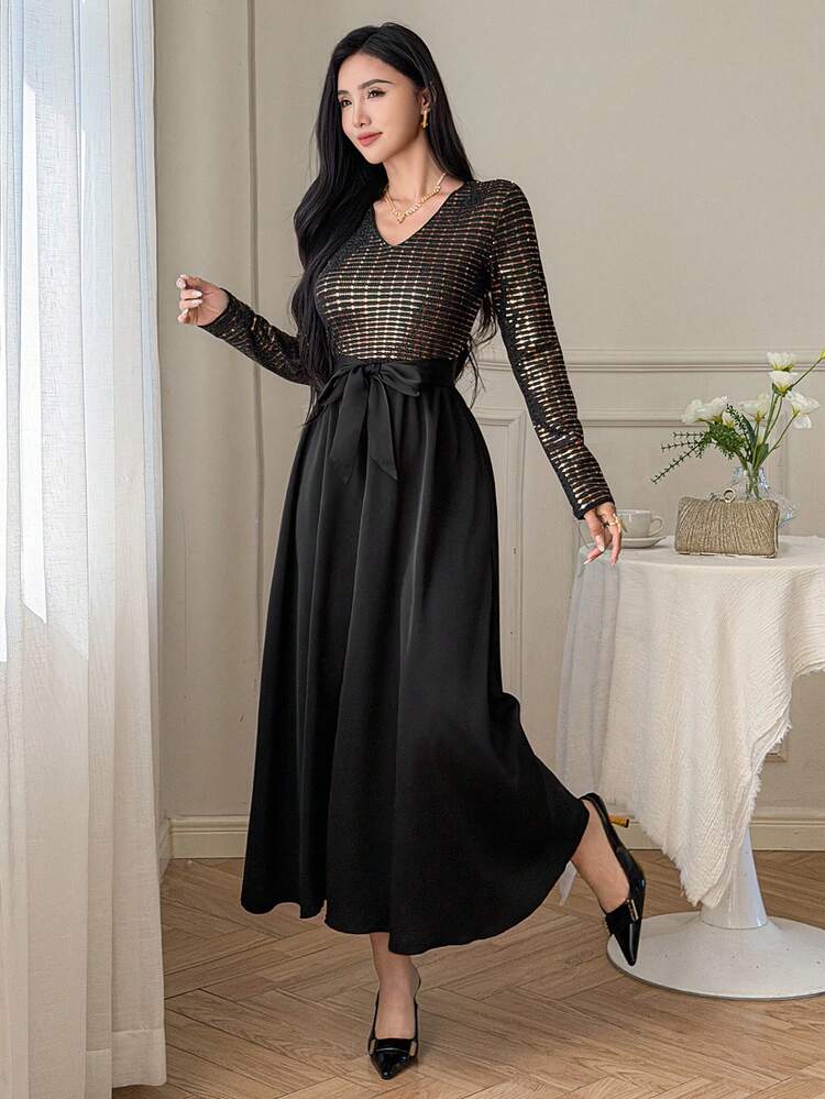 Women's V-Neck Long Sleeve Sequin Fabric Patchwork Satin Waistband Waist Cinched Elegant Dress For Formal Occasions Sundress
