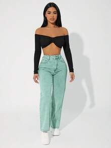 SHEIN PETITE High Waist Slant Pocket Casual Versatile Denim Jeans - Green - View 5