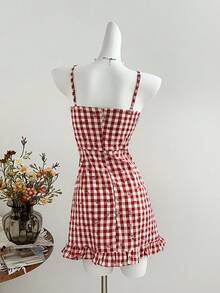 Elamini 性感红白格纹蕾丝蝴蝶结装饰迷你吊带裙，浪漫约会、情人节、春夏秋季皆宜 - 紅色 - 查看 2