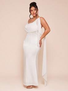 SHEIN BAE Plus Size White Elegant Summer Silky Beach Holiday Maxi Dress,Women's Asymmetric Collar Strappy Evening Gown With Flowing Cape Sleeve Formal Attire - White - View 7