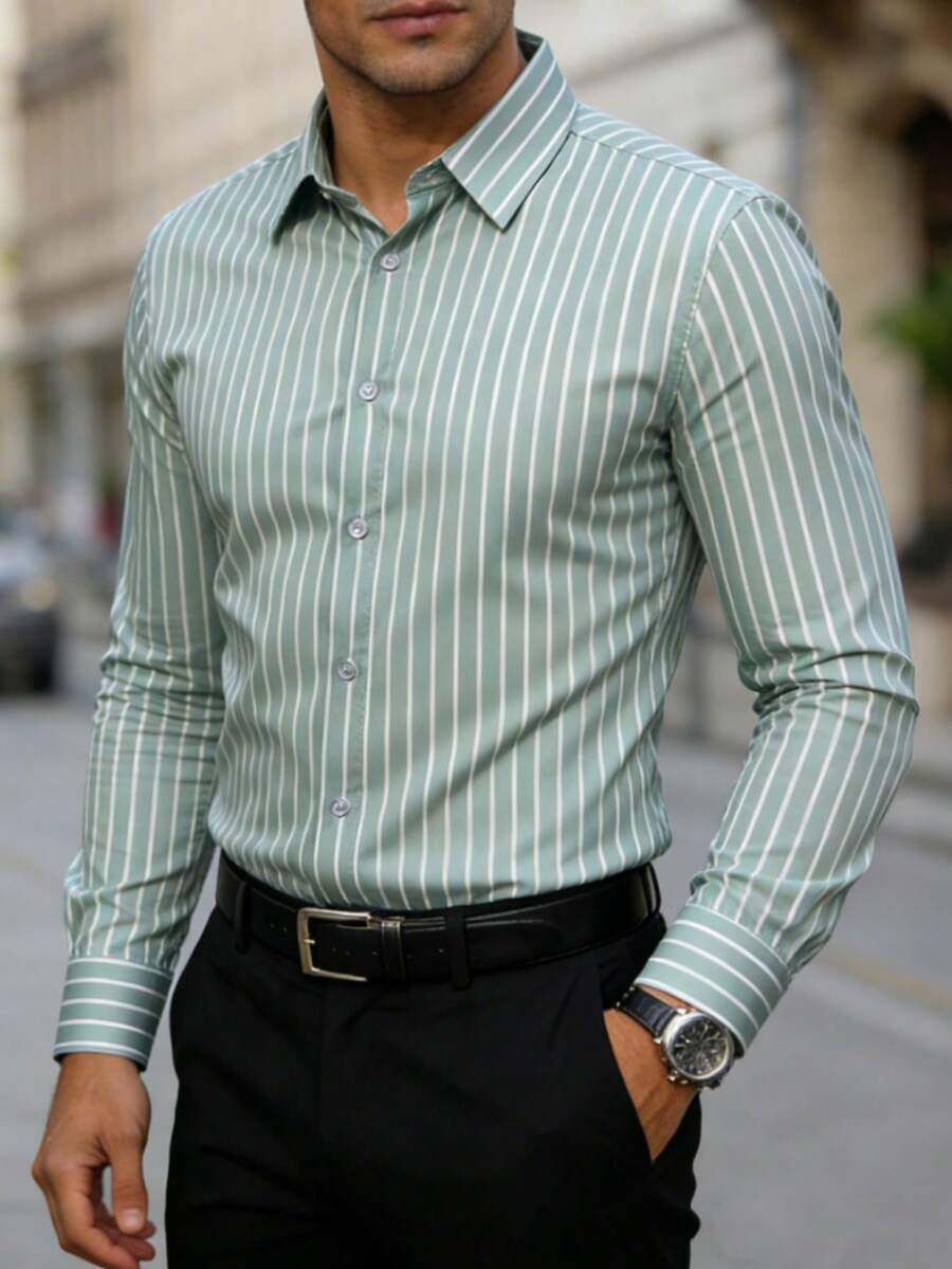Manfinity Mode 时尚薄荷绿色商务衬衫，带条纹，经典领和常规版型长袖男士条纹正装衬衫，绿色条纹衬衫，蓝绿色正装衬衫，男士时尚衬衫，商务休闲衬衫，秋季 - 薄荷綠 - 查看 1