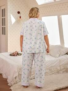 CottageSlumber Romantic Floral & Bow Print Lapel Button Front Comfortable Woven Plus Size Pajama Set - Multicolor - View 2