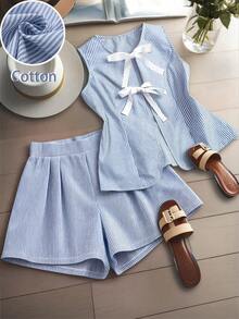 GlowEve CURVE Plus Size Loose Tie Striped Casual Vest & Shorts 2 Pieces Set - Royal Blue - View 6
