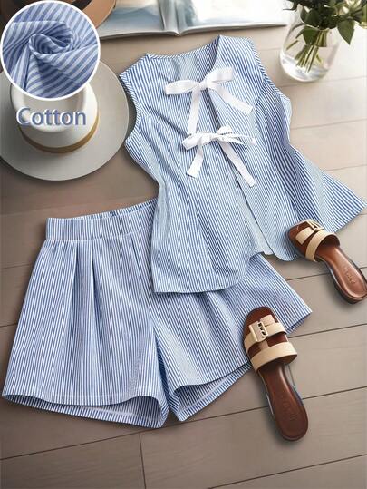 GlowEve CURVE Plus Size Loose Tie Striped Casual Vest & Shorts 2 Pieces Set
