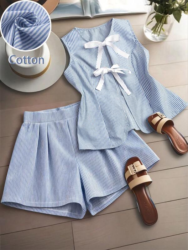 GlowEve CURVE Conjunto de 2 piezas de chaleco y pantalones cortos casuales con rayas y lazo para tallas grandes