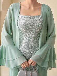 Modelyn 女士雪纺喇叭长袖开衫和提花无袖A字优雅连衣裙两件套，春夏款 - 綠色 - 查看 4