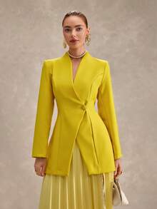 CLARA VERO Women's Stand Collar Split Hem Cinched Waist Long Sleeve Blazer - Yellow - View 3