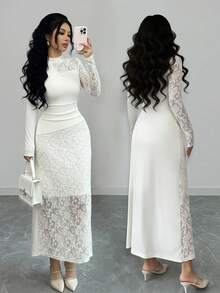 Modelyn 女士不对称拼接提花针织高领连衣裙，秋冬款 - 杏色 - 查看 4