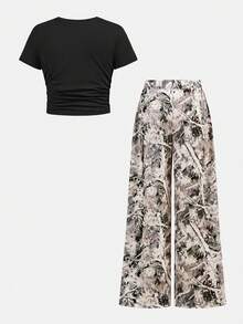 SHEIN Tween Girl Fashion Street Casual Black Fitted Short Sleeve Round Neck "67" Graphic Print T-Shirt + Branch Camouflage Loose Wide Leg Knit Pants Set - Multicolor - View 2