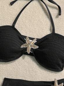 Soleia Bộ bikini quây 3 món màu trơn, chất liệu vải có họa tiết, thích hợp cho kỳ nghỉ và đi biển. - màu đen - Xem 3