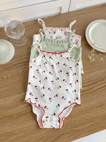 SHEIN LMoss Kids 3件套新生女宝宝可爱休闲针织花卉波点图案连体衣套装 - 彩色 - 查看 8