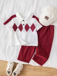 SHEIN 2pcs/Set Baby BoyCasual Versatile Argyle Pattern Short Sleeve Polo Shirt And Red Pants Outfit, Spring/Summer - Red - View 3