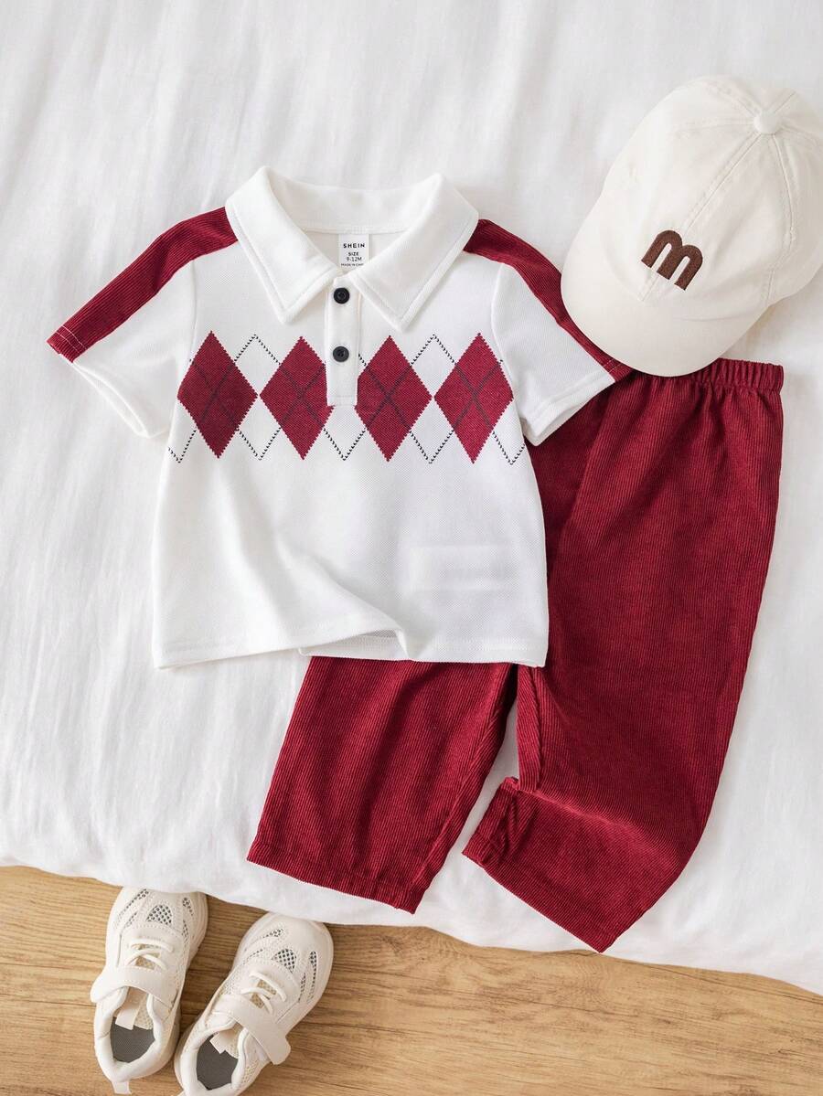SHEIN 2件套男婴休闲百搭菱格纹短袖Polo衫配红色长裤套装，春夏款 - 紅色 - 查看 1