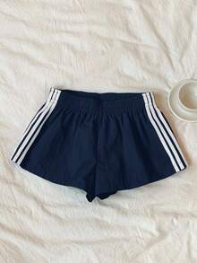 Comfortcana 大码女式夏季条纹撞色休闲宽松短裤 - 藏蓝色 - 查看 6