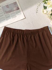 SHEIN EZwear 大码女式棕色休闲撞色滚边短裤，夏季 - 棕色 - 查看 3