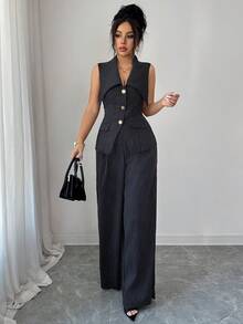 SHEIN Elenzya Sleeveless Cinched Waist Jacket & Straight Leg Pants Striped Fabric Elegant Women's Suit Set - Multicolor - View 3
