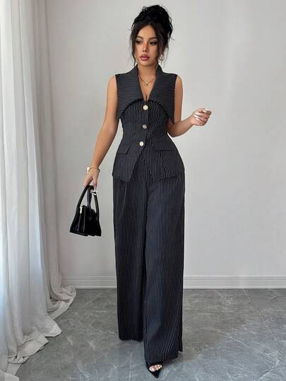 SHEIN Elenzya Sleeveless Cinched Waist Jacket & Straight Leg Pants Striped Fabric Elegant Women's Suit Set