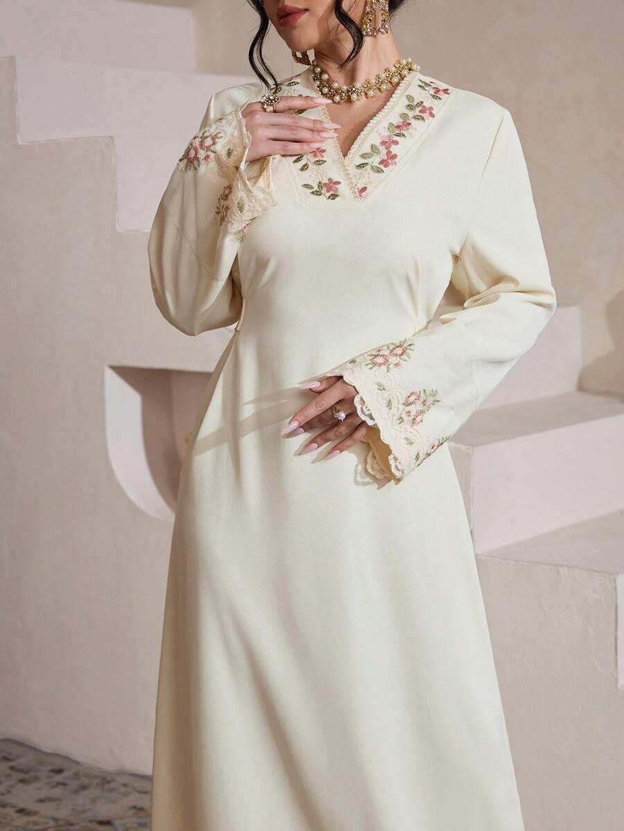 Al Najma V-Neck Elegant Ruffle Trim Tie-Waist Flared Women's Apricot Arabic Dress - Apricot - View 1