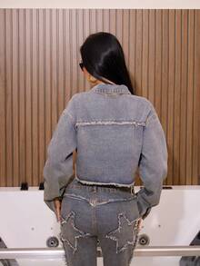 AfricaSnchz 女士 Y2k 服饰复古前拉链长袖流苏下摆休闲牛仔冬秋夹克，适合日常穿着 - 淺色水洗藍 - 查看 2