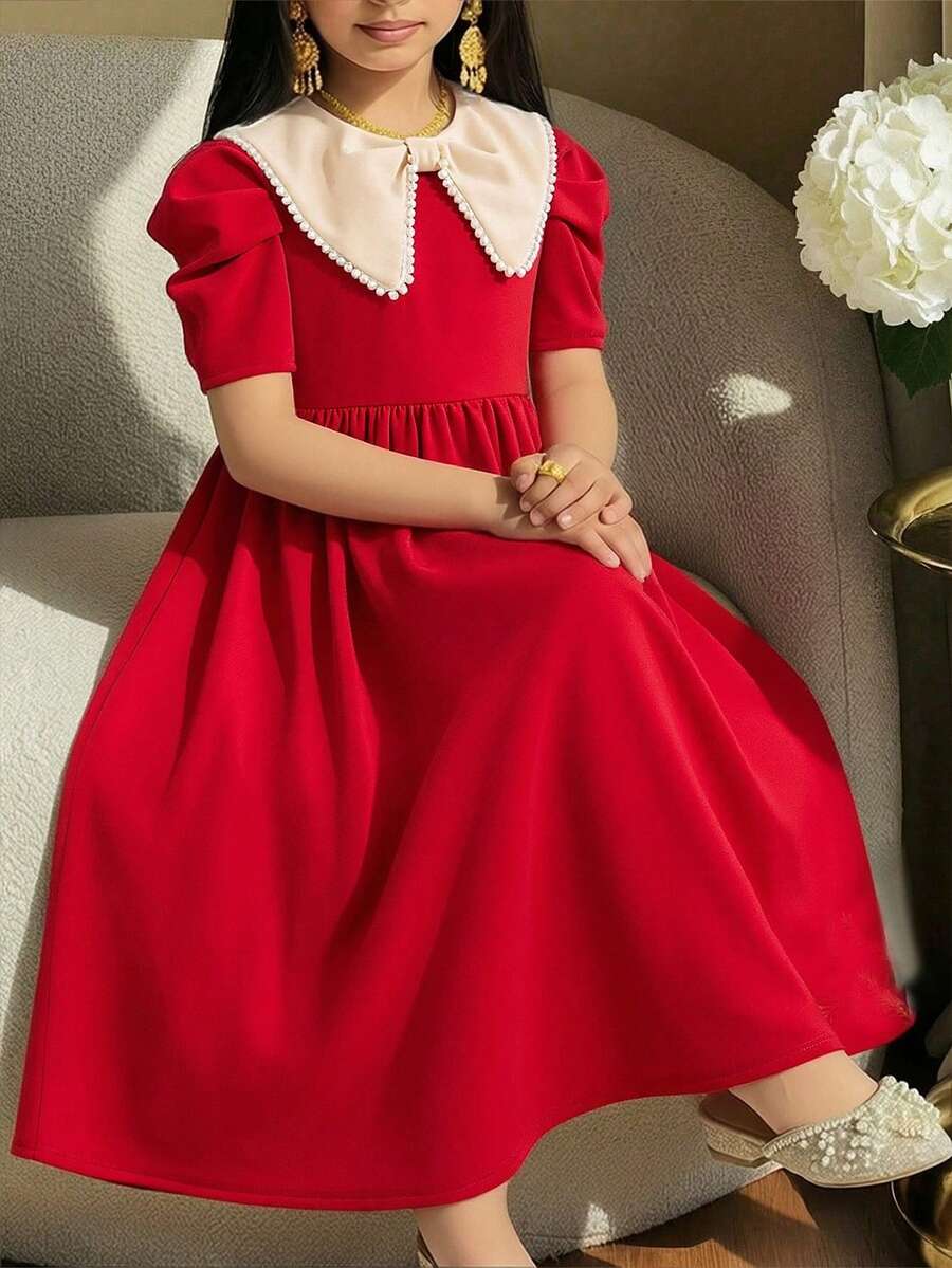 SHEIN 少女優雅拼色彼得潘領珍珠裝飾洋裝 - 粉色 - 查看 1