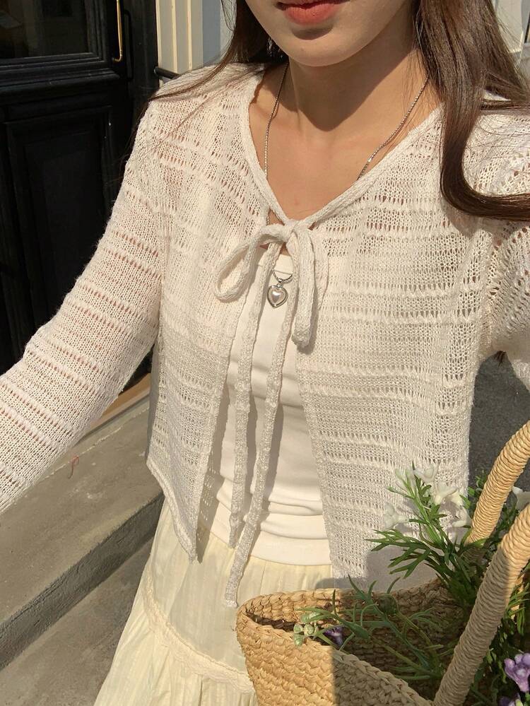 Women's Summer Vacation Front Tie Knit Long Sleeve T-Shirt