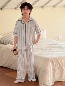 DAZY 男童条纹印花翻领宽松衬衫和裤子睡衣套装，春夏秋季 - 灰色 - 查看 6