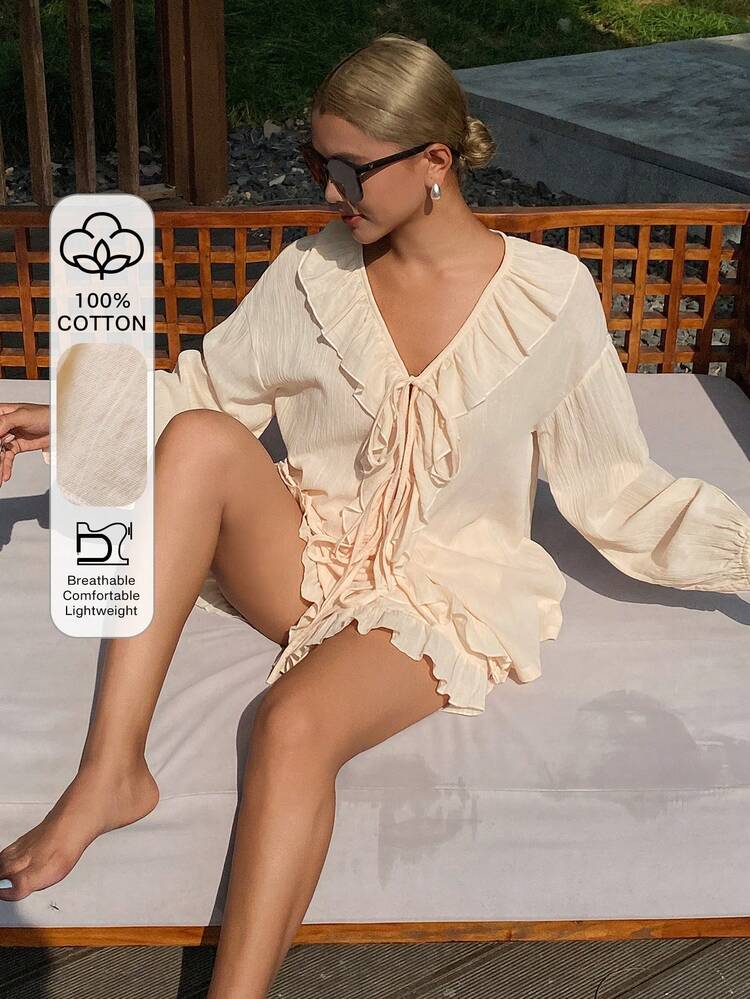 Vacation Style Textured Fabric Tie Front Ruffle Trim Women Pajama Set