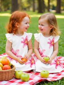 1pc 6 Months - 2-3 Years Old Girls, Sweet Girly Style Bowknot & Heart Print + Flutter Sleeve Design Dress, Lightweight Fabric, Cute Princess Dress, Summer Casual Wear - Multicolor - View 5