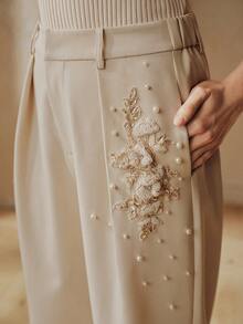 Anewsta Pantaloni da donna in tessuto jacquard, pantaloni eleganti da vacanza per signore con gamba dritta e decorazioni in perle - Albicocca - Visualizzare 1