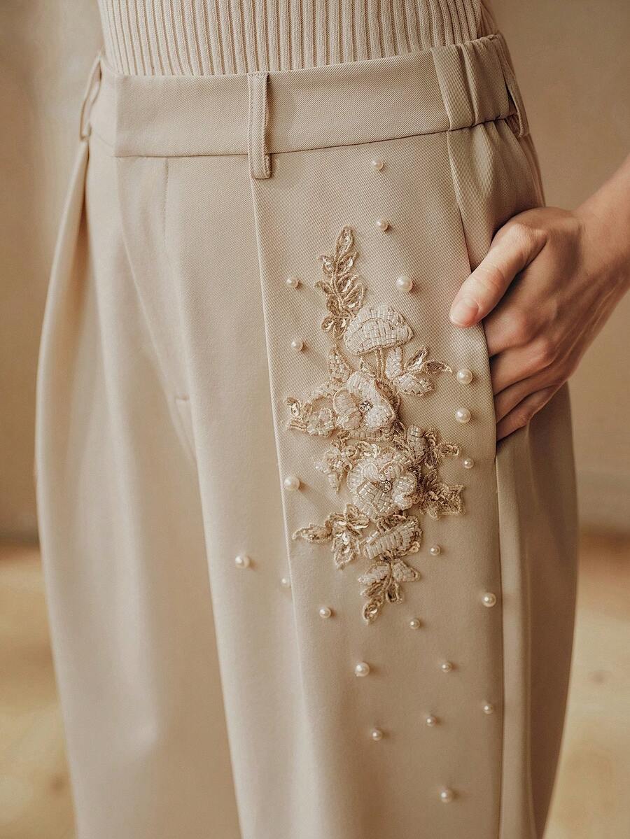 Anewsta Pantaloni da donna in tessuto jacquard, pantaloni eleganti da vacanza per signore con gamba dritta e decorazioni in perle - Albicocca - Visualizzare 1