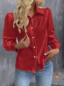 SHEIN LUNE Women's Elegant Red Hollow-Out Patchwork Long Sleeve Shirt,Casual Vacation Western Cowboy Blouse Tops For Autumn Party - Burgundy - View 3