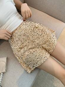 DAZY Quần short nữ thanh lịch đính sequin có túi, thích hợp mặc mùa hè, dự tiệc cưới. - Màu be - Xem 3