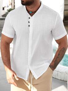 VENTUSAIL 男士纯色前开襟短袖休闲衬衫，短袖衬衫，男士纽扣衬衫，白色男士衬衫，男士优质衬衫 - 白色 - 查看 7