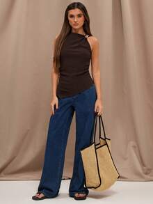 SHEIN BAE 春夏休闲时尚棕色提花针织金属装饰褶皱腰身修身吊带背心，适合搭配优雅上衣、夏季上衣、无袖上衣和休闲上衣。 - 棕色 - 查看 3