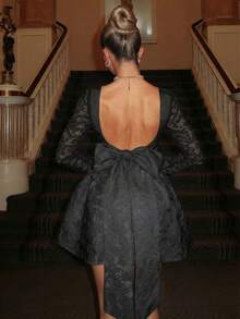 Glamine Charm French Elegant White Jacquard Contrast Lace Long Sleeve Mini Dress, Suitable For Birthday Party, Back To School, Graduation Dance, Sisters Gathering, Afternoon Tea - Black - View 2