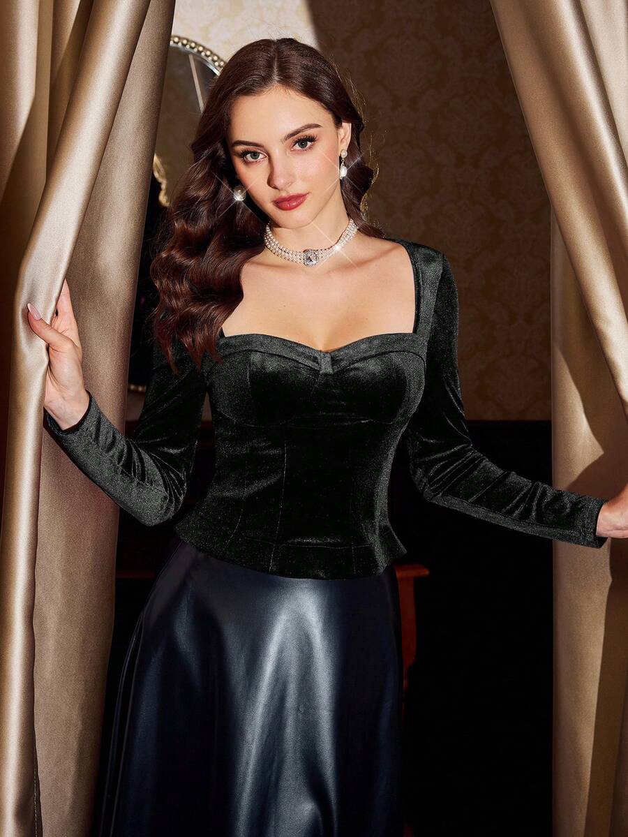 Vintamour Elegant Black Velvet Long Sleeve Top For Women,Vintage Autumn Dining Cocktail Party T-Shirt,Holiday Christmas Halloween Thanksgiving Costume - Black - View 1