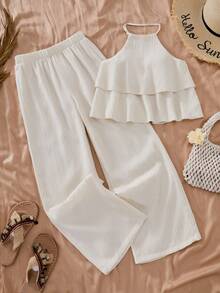 2pcs/Set Girls Sleeveless Top And Pants Set, Casual Vacation Outfit, Suitable For Spring/Summer - Apricot - View 3