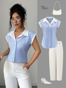 Elenzga 女士翻领简约新款拼接夏季职业商务休闲通勤蓝白条纹短袖衬衫 - 藍白色 - 查看 1