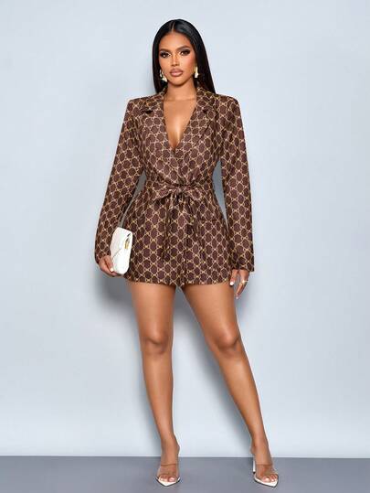 SOLERSUN 女士优雅复古印花收腰长袖西装外套，棕色，休闲商务风，适合日常穿着、约会、聚会、派对、通勤、办公室、正式场合。收腰设计凸显身材。秋冬季约会和日常穿着皆宜。